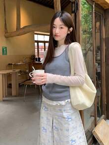Women's Fitted Camisole Tank Top With Polka Dot Ruffle Trim And Long Sleeve T-Shirt Layering Fashion 2-Piece Set - Grey - View 4