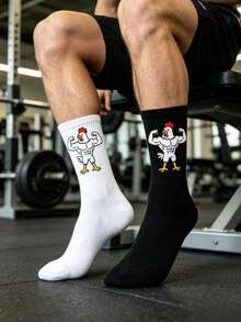 1/2/3 Pairs Fitness Muscle Rooster Cartoon Pattern Mid-Calf Socks, Funny Quirky Style, Men's Sports Mid-Calf Socks, Versatile Couple Socks, Suitable For All Seasons - Black and White - View 1