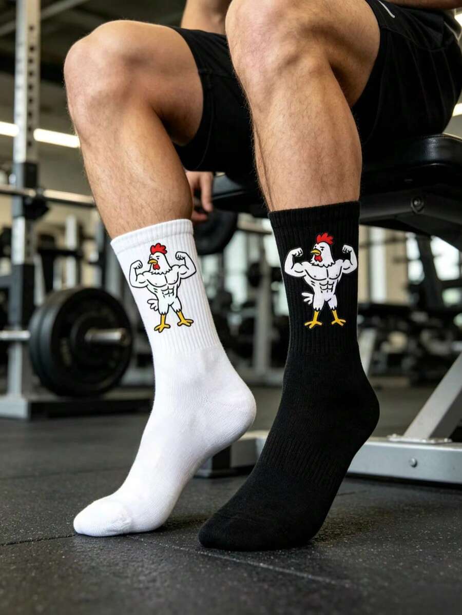 1/2/3 Pairs Fitness Muscle Rooster Cartoon Pattern Mid-Calf Socks, Funny Quirky Style, Men's Sports Mid-Calf Socks, Versatile Couple Socks, Suitable For All Seasons - Black and White - View 1