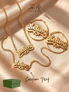 1pc DIY Personalized Name Customized Hollow English Letter Stainless Steel Necklace, Bracelet, Earrings Set, 18k Gold Plated Stainless Steel Jewelry, Includes Exquisite High-End Gift, Suitable For Friends, Family, Lovers, And Holiday Gifts - Style 2-gold - View 1