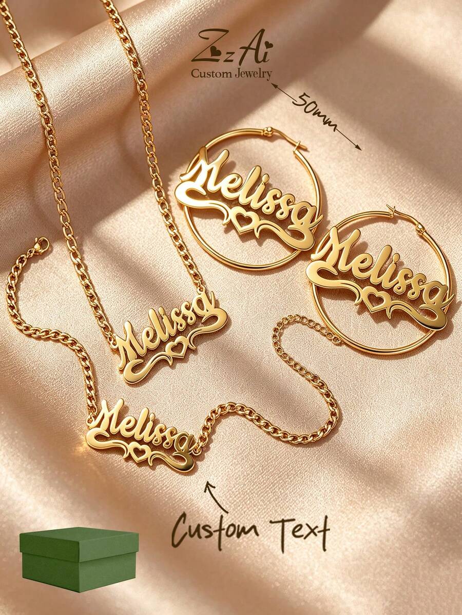 1pc DIY Personalized Name Customized Hollow English Letter Stainless Steel Necklace, Bracelet, Earrings Set, 18k Gold Plated Stainless Steel Jewelry, Includes Exquisite High-End Gift, Suitable For Friends, Family, Lovers, And Holiday Gifts - Style 2-gold - View 1