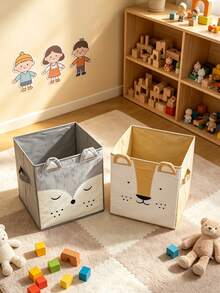 Cute Embroidered Animal Face Kids Storage Box, Foldable Fabric Grid Cabinet Organizer, Baby Toy Storage Basket - Multicolor - View 7