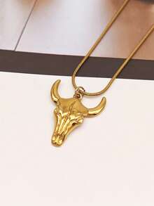 1pc European And American Personalized Hip-Hop Street Fashion Vintage Stainless Steel Bull Skull Pendant Necklace - Yellow Gold - View 2