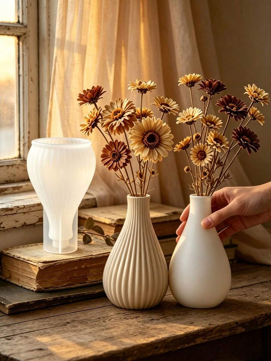 2 Styles Vertical Striped Vase Silicone Molds, Suitable For DIY Cream Style Home Floral Arrangement, Desktop Plaster Cement Flower Pot And Home Decor Ornament