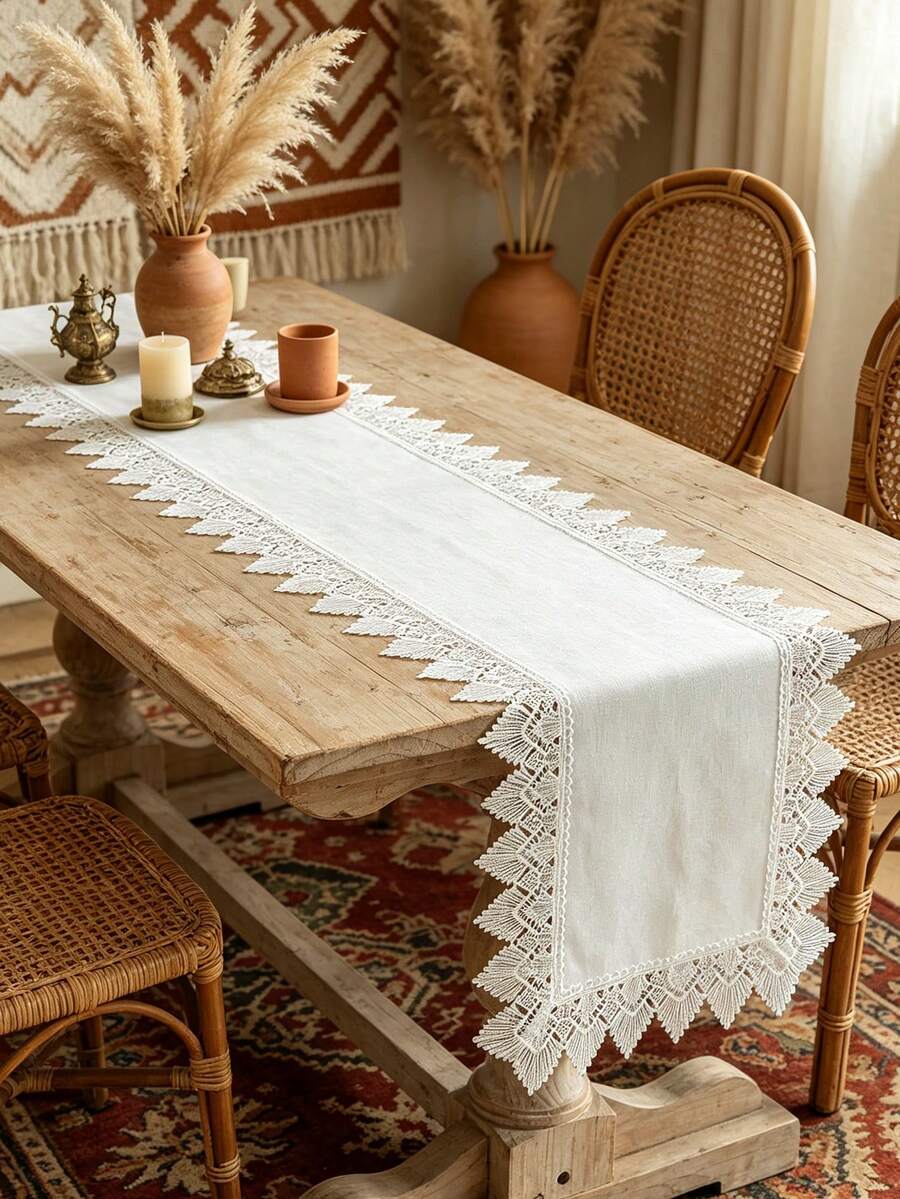 White Water‑Soluble Lace Table Runner, Solid Plain Polyester Table Runner With Geometric Fan‑Shaped Lace Trim, Boho Farmhouse Dining Table Decor For Party Wedding Home Decoration - White - View 1