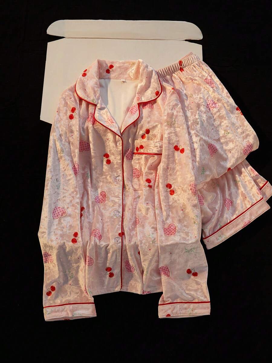 Women's Autumn/Winter Heart & Cherry Pattern Velvet Trim Front Pocket Long Sleeve Pants Pajama Set Loungewear - Baby Pink - View 1