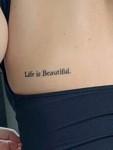 「Life Is Beautiful」名言臨時紋身貼 防水持久 假身體藝術貼紙 勵志襯線字體字母紋身貼 適用鎖骨、肋骨，女款男款成人通用 - 黑色 - 查看 3