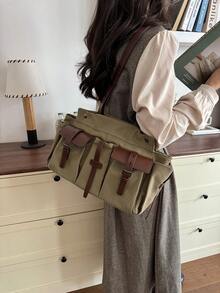 Tote Bag With Multiple Pockets And Buckle Decor, Layered Design With Partitioned Storage For Organized Personal Items, Handheld Style With Vintage Flair, Spacious And Elegant Silhouette, Suitable For Daily Commute And Outings, Easily Matches Various Outfits For A Casual Vibe - Green - View 4