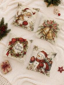 4pcs Winter Christmas Vintage Santa Claus Reindeer Snowman Christmas Wreath Pattern Cushion Covers, Single-Sided Printed Skin-Friendly Peach Skin Velvet Material, 45*45/40*40/50*50CM Pillow Covers Suitable For Room Decoration, Indoor Sofa Living Room Decoration Party Decoration, Decorative Cushion Covers Gift - Multicolor - View 7