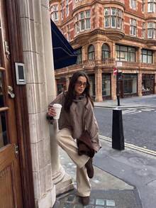 女款格紋高領夾克，優雅鈕扣前襟冬季上衣，休閒寬鬆版型秋季外套 - 淺灰色 - 查看 3