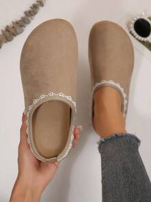 Vintage Lace Trim Closed Toe Slippers For Women, Slouchy Outdoor Wear Soft Sole Backless Shoes - Beige - View 1