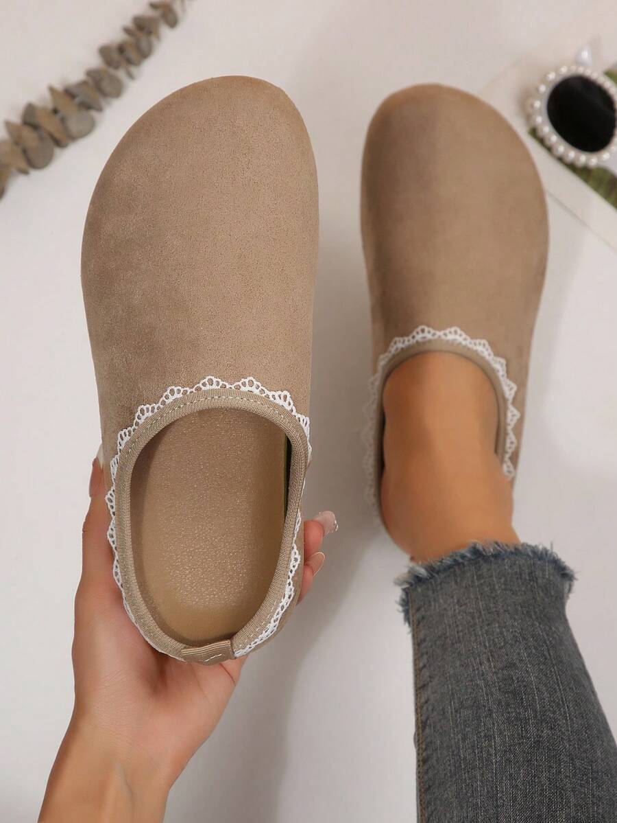 Vintage Lace Trim Closed Toe Slippers For Women, Slouchy Outdoor Wear Soft Sole Backless Shoes - Beige - View 1