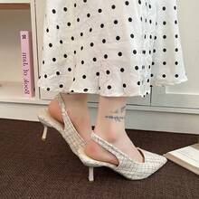 Beige Tweed Pointed Toe Slingback High Heels, Soft Elegant Summer Stiletto Pumps, Suitable For Wedding Guests, Garden Parties And Afternoon Tea - White - View 4