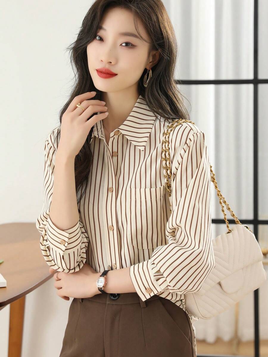 YUXIN Women's Vintage Striped Shirt, Suitable For Spring And Summer, Loose Collar Design, Versatile And Slimming, Suitable For Commuting, Office And Casual Occasions
