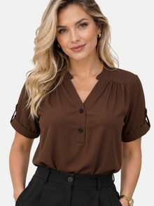 Blusa Camisa Feminina Elegante Casual Social com Botão - Marrom - Visão 9