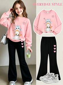 2pcs/Set Crew Neck Sweatshirt And Flared Pants Set For Girls, Printed With 4 Cute Cats Pattern, Suitable For Autumn/Winter Daily Wear - Multicolor - View 11