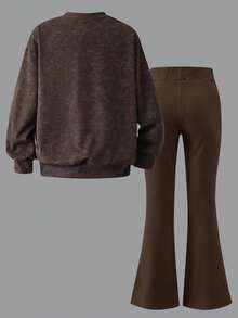 2pcs/Set Girls Round Neck Sweatshirt Outfit, Vintage Rose Print Design With Simple Casual Flared Pants, Autumn/Winter Old Street Style - Brown - View 3