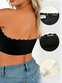 3pcs Women's Strapless Bra With Wavy Edge, Black/Nude/Beige, Seamless Ice Silk Wireless Invisible Comfortable Strapless Bra, Suitable For Wedding, Party, Daily Wear - Multicolor - View 2