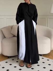 Women's Minimalist Casual Stand Collar Long Sleeve High Slit Robe Top, Solid Color Front Button Waist Tie High Slit To Thigh, Daily Wear And Dating - Black - View 7