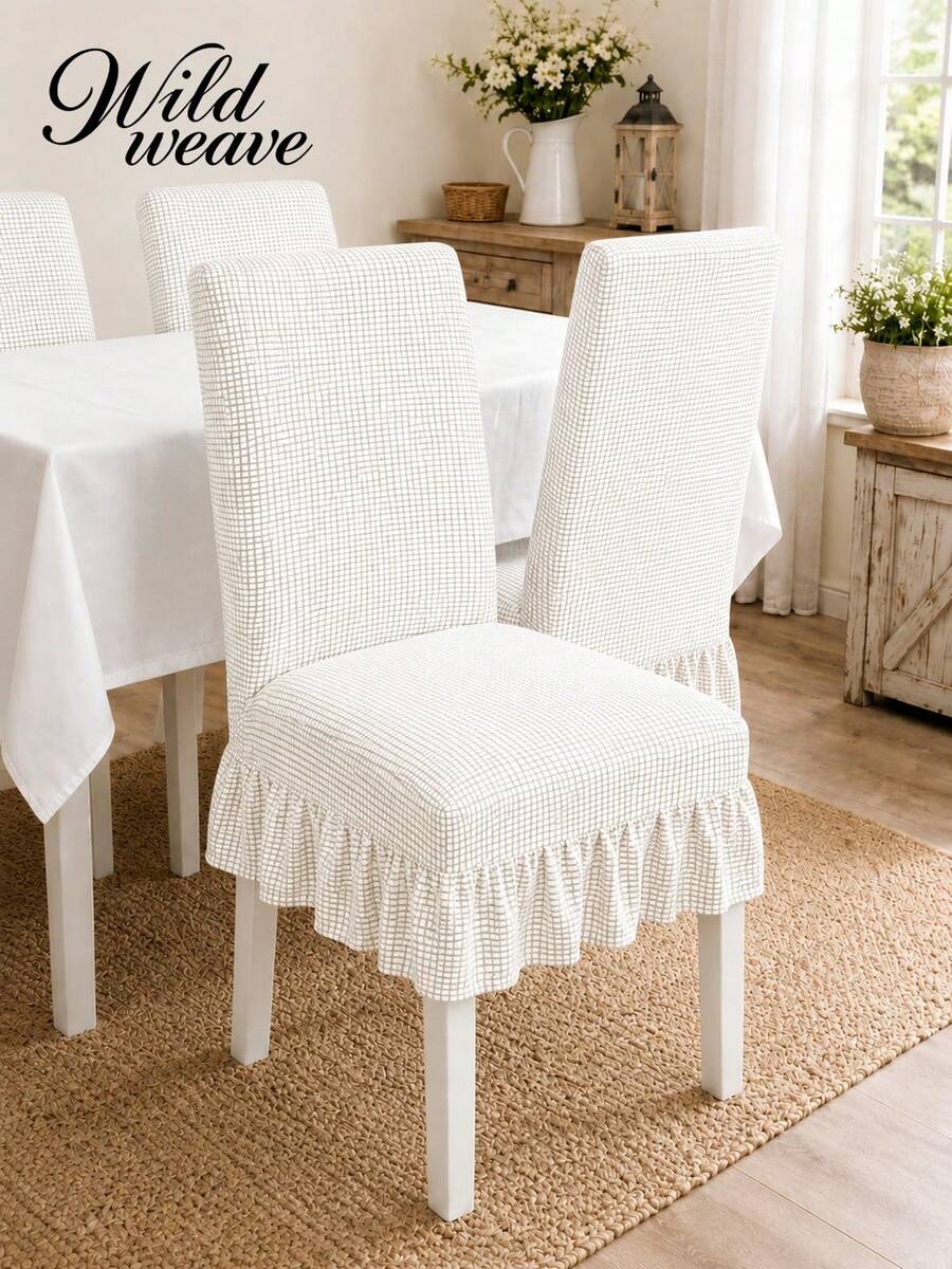 1/4pcs Solid Color Corn Fleece Ruffled Elastic Chair Cover - White - View 1