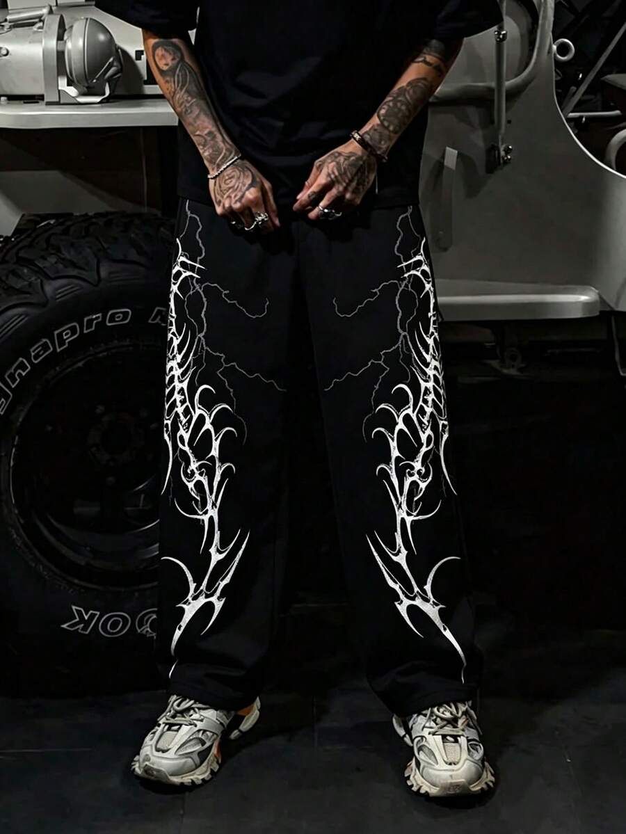 Men's High Street Vintage Distressed Black With White Thorn & Flame Pattern Drawstring Wide Leg Sweatpants - Black - View 1