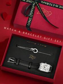 LUCKYFOX Women's Watch Gift Set With Rhinestone Iridescent Dial, Leather Strap Quartz Watch, Bracelet, Greeting Card, Vintage Luxury Gift Box For Valentine's Day And Holidays - Black - View 3