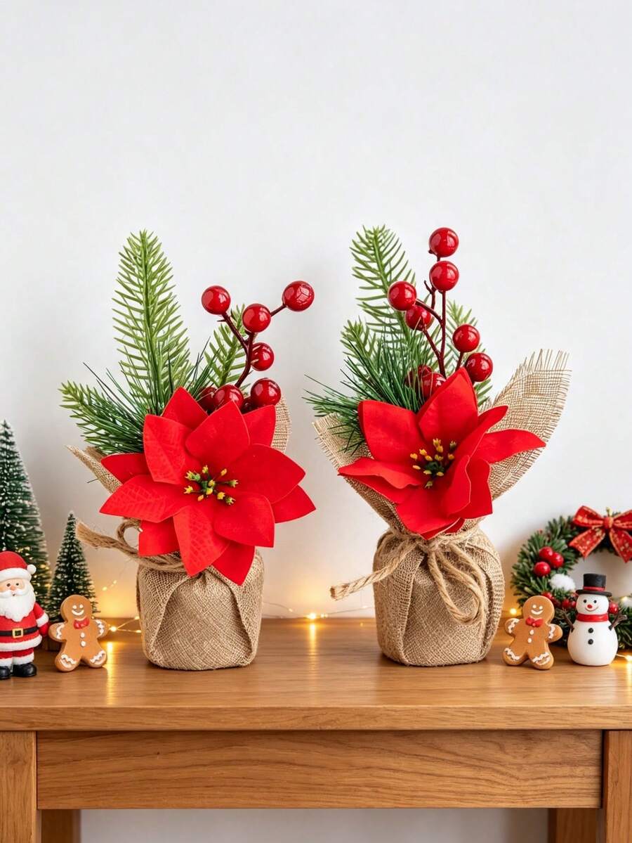 1PC 8.66-Inch Artificial Mini Christmas Tree With Red Berries And Poinsettia Flowers, Suitable For Christmas Decorations, Table Decorations, Home Decor, Birthday Gifts - Red - View 1