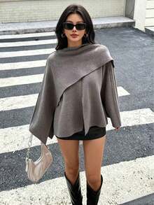 DEEKA Autumn/Winter New Slouchy Scarf Cape Round Neck Long Sleeve Short Knit Coat Jacket - Brown - View 2