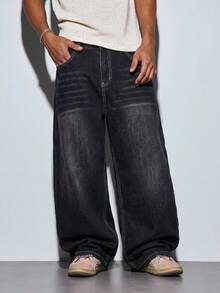 Modcrash Korean Style Men's Black Wide-Leg Jeans, Multi-Pocket Patchwork Embroidery, Niche Street Casual Pants, All-Season (Belt & Accessories Not Included) Fall/Autumn/Winter - Black - View 2