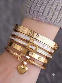 5/1pcsQuiet‑Luxury Stack Bracelet Set, Gold‑Tone Heart Pendant Roman Numeral Zirconia Stainless Steel Bangles For Daily Outfit & Trips - Gold - View 20