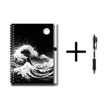 1 Set Japanese Ukiyo-E Style 2D Spiral Coil Notebook And Pen Set, Black And White Wave And Moon Artistic Collision. Great Helper For Work And Study, Suitable For Diary, Daily Planning And Memo. Premium Gift Choice For Graduation, Birthday And Other Occasions, Inspiring Writing And Beautiful Daily Life, Accompanying You To Start Every Moment Of Recording. - 1 Book + 1 Pen - View 4