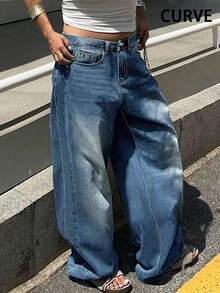 Plus Size Retro Casual Loose Straight Leg Denim Maxi Pants, Fashion & Versatile Spring Fall - Dark Wash - View 4