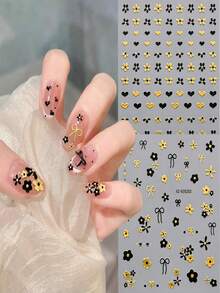 6Pcs Gold Sliver Flower Nail Stickers Set,Exquisite Luxury Five-Petaled Flower Bow Heart Music Note Piano Design Self‑Adhesive Nail Decals,DIY Manicure Decor Nail Art Accessories For Women Girls - Multicolor - View 5