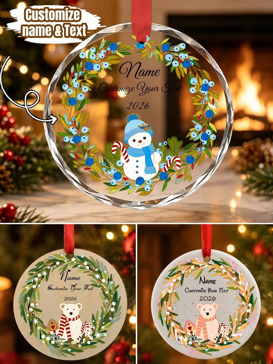 Custom Christmas Ornament, Personalized Name And Text Holiday Hanging Decor, Festive Snowman Wreath Style, Customized Christmas Tree Ornament, Customizable Wall Hanging Keepsake, Christmas Home Decor, Holiday Gift 2026, Room Decor, Family Gift - Style B - View 1