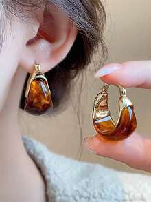 1 Pair Autumn/Winter Design Brown C-Shaped Water Drop Hoop Earrings, Versatile Daily Wear, Gift For Friends - Multicolor - View 1