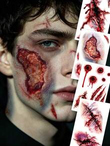 4 buah Stiker Tato Sementara Bekas Luka Halloween Y2K Merah untuk Anak Laki-laki dan Perempuan, Tahan Air dan Keringat, Mudah Diaplikasikan - Merah - View 1