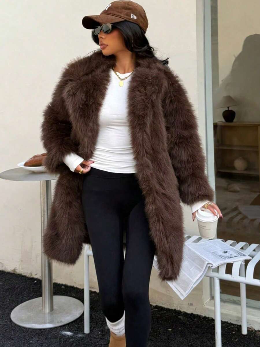 DEEKA Women's Winter New European & American Faux Fur Warm Oversized Plus Size Coat Vacation Brown - Brown - View 1