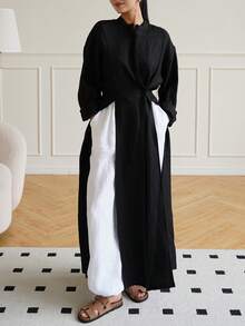 Women's Minimalist Casual Stand Collar Long Sleeve High Slit Robe Top, Solid Color Front Button Waist Tie High Slit To Thigh, Daily Wear And Dating - Black - View 4