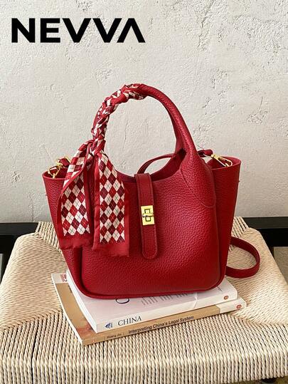 NEVVA 1pc Autumn/Winter Premium Daily Shopping Bucket Bag, PU Soft Leather Large Capacity Shoulder Bag, Commuter Versatile Ins Crossbody Bag, Casual Handbag, Fashion Women's Bag With Scarf