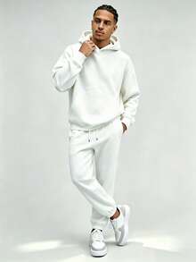 Men's Regular Fit Spring/Autumn Thin Solid Color Sports Sweatshirt & Sweatpants 2 Pieces Set - White - View 2