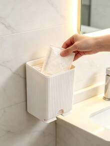 Cute Bow Wall-Mounted Tissue Box, Bathroom Sanitary Napkin Storage Box, Vertical Striped Textured Shell, No-Drill Adhesive Wall Installation. Smooth Dispensing Opening, Can Hold Face Towels, Tissues, Flip-Top Design For Easy Refill. White And Pink Contrast Color Girly Style, Suitable For Bathroom Vanity, Frees Up Countertop Space, Practical Home Storage For Face Towels And Tissues. - Multicolor - View 2