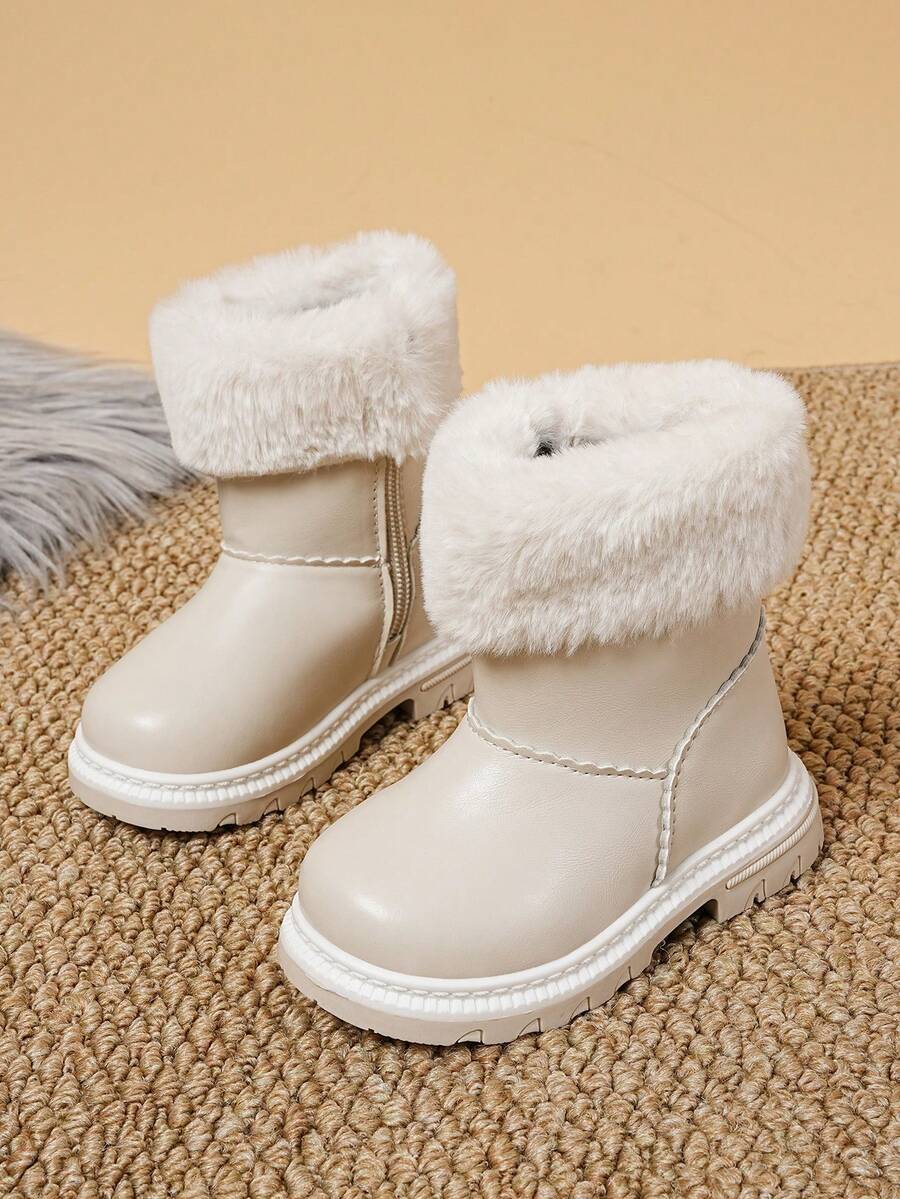 1雙女嬰幼兒毛茸茸雪地靴,可愛抓絨內裡保暖雪地靴,舒適平底防滑女童鞋,適合秋冬日常戶外穿著 - 米色 - 查看 1