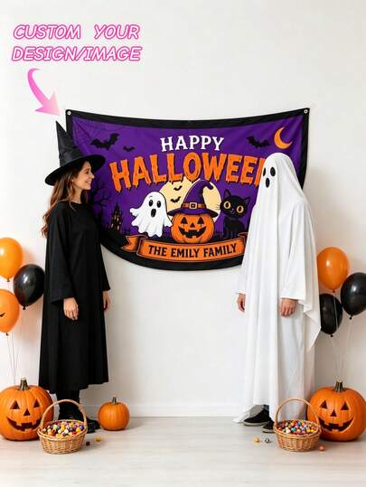 1pc Personalized Halloween Bunting Flag, Custom Name Family Ghost Cat Banner, Pumpkin Porch Decor, Spooky Outdoor Fence Hanging Flag, Halloween Party Backdrop, Trick Or Treat Decoration For Home, Yard, Garden & Front Door