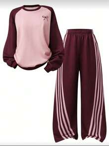 2pcs Set Girls Suitable For Teenagers - Pink And Burgundy Colorblock Crew Neck Sweatshirt And Wide Leg Joggers, Digital Print Pattern Design, Casual Sportswear Outfit, Suitable For Daily Wear, Sports, School - Burgundy - View 2