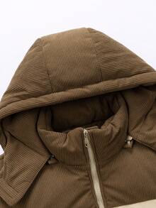 AHTELB Women's Winter Color-Block Patchwork Hooded Padded Coat, Thickened Thermal Lining Heat-Locking Warm Jacket, Ribbed Cuffs Stand Collar Jacket, Side Pockets For Hand Warming, Outdoor & Home Wear Loose Fit Comfortable Versatile Warm Clothing.Hooded Color‑Block Padded Coat, Warm Filling, Ribbed Cuffs, Hand Pockets, Loose Fit - Khaki - View 7