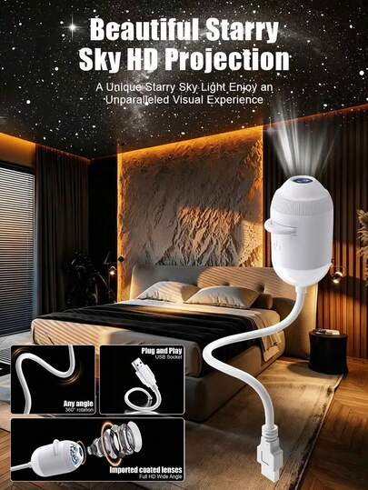 2-In-1 USB Starry Sky Projector Light, High-Definition Galaxy Projection Lamp, 360° Rotating Night Light, Romantic Dynamic Atmosphere Light, Suitable For Car, Home, Bedroom, Night Light