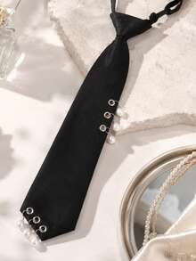 Punk Style Black Tie With Metal Eyelets And Adjustable Elastic Band, Suitable For Men's And Women's Accessories - Black Pearl Decoration - View 10