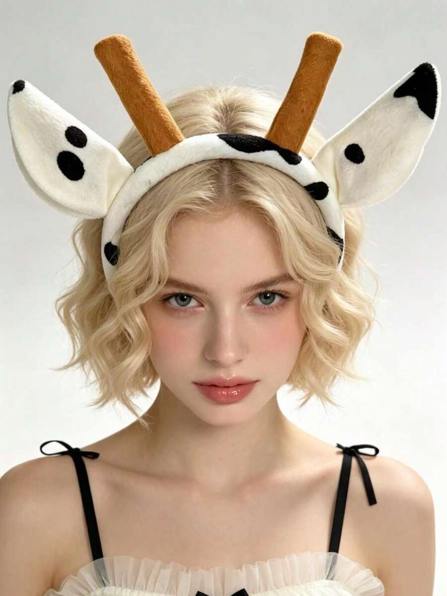 1pc/Set Halloween Party Cow Print Plush Headband Animal Ear Headband Costume Cosplay Role Play Stage Performance Party Headpiece - Multicolor - View 1