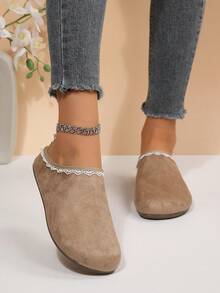 Vintage Lace Trim Closed Toe Slippers For Women, Slouchy Outdoor Wear Soft Sole Backless Shoes - Beige - View 3