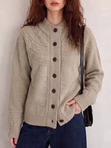 Women's Autumn/Winter Casual Minimalist Vintage Style Wide Collar Design Knit Cardigan Jacket - Milk Coffee - View 4